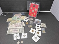 4 90% MERCURY DIMES ,FOREIGN COINS & NOTES