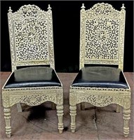 Pair Anglo-indian Style Highly Carved Wood Chairs