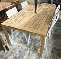 Teak Style Patio Table with 4 white Aluminum