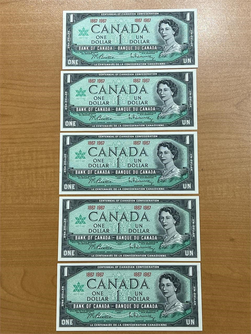 5- 1967 Cdn UNC Centennial Dollar Bills