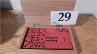 WOODEN HINGED BOX OF RED DOMINOS 8 X 5