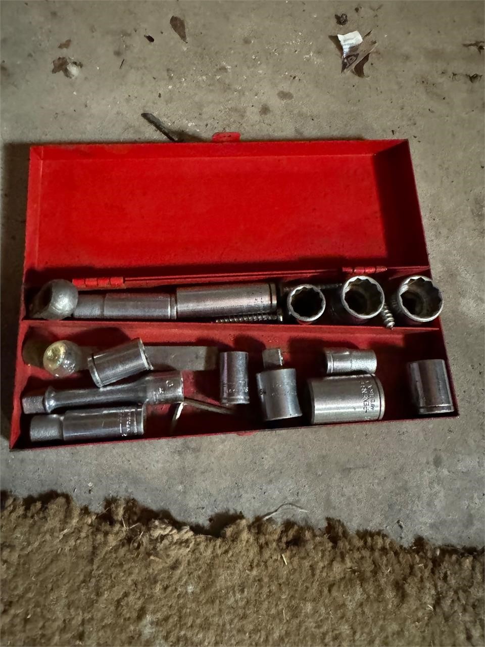 SMALL RED TOOL BOX WITH CONTENTS