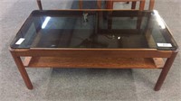 MID CENTURY COFFEE TABLE WITH SMOKED GLASS