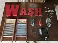 3) ANTIQUE IRONS, W-A-S-H LETTERS, SCENTSY