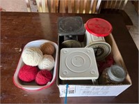 4) SCALES, VINTAGE PAN W/ YARN BALLS & JAR OF