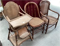 Antique Highchair & Two Antique Caned Chairs