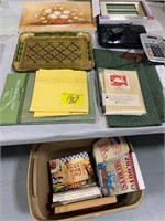 TOTE OF COOKBOOKS UNDER TABLE, PILLOW CASE SET,