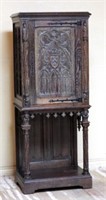 Neo Gothic Figural and Tracery Carved Oak Cabinet.
