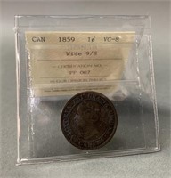 1859 Large CDN 1 Cent Coin Wide 9/8