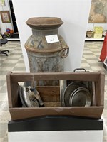 Milk can, wooden box, cooking tins, iron