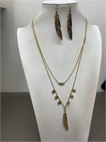 FEATHER NECKLACE & PIERCED EARRING SET