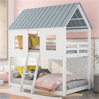 Twin Over Twin Bunk Bed  Kids House Bed  White