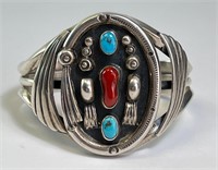 L Vint Sterling Native Signed Turquoise/Coral Cuff