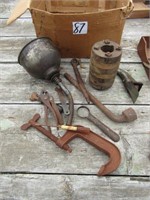 BOX FULL OF VINTAGE TOOLS, FUNNEL, OLD ENGINE