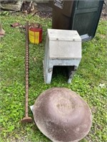 Old stirator rod, bucket of meat hooks &