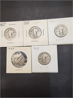 Five Standing Liberty Quarters