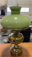 GREEN BRASS TABLE LAMP WITH CHIMNEY