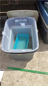3- totes unknown size with 1 lid, various storage