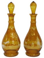 (2) BOHEMIAN AMBER CUT-TO-CLEAR GLASS DECANTERS