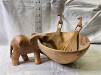 Wood Carved Elephant Trinket Bowl + spoons