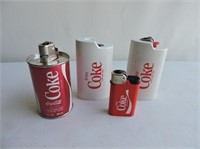3 Coca-Cola Lighters, 1 Holder