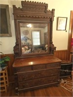 Antique wood 5 drawer dresser with mirror