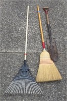 Leaf rake, broom, spade