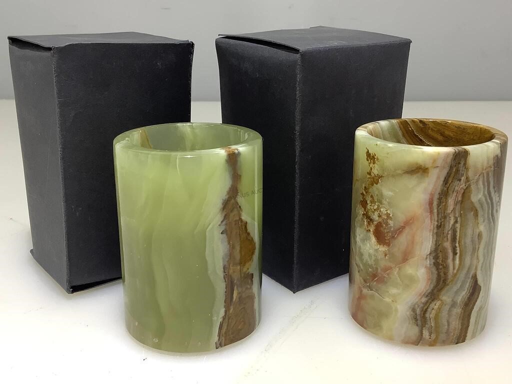 2 carved Onyx candle holders