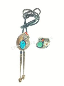 Navajo Sterling Turquoise & Coral Ring & Bolo Tie