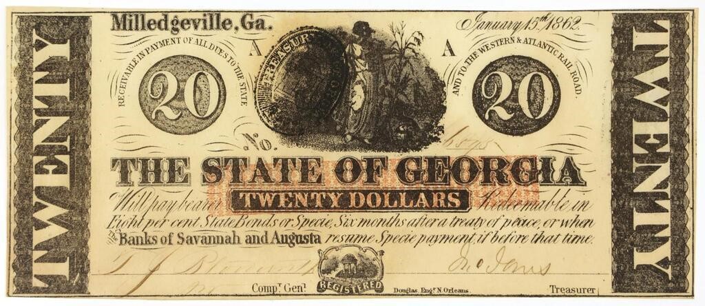 1862 US OBSOLETE STATE OF GEORGIA $20 BANKNOTE AU