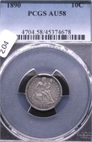 1890 PCGS AU58 SEATED DIME