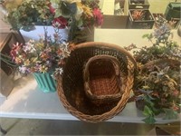 Metal basket, wicker baskets, artificial flowers