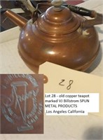 VJ Billstrom signed antique copper teapot