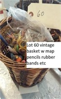 vintage basket w map pencils, rubber bands etc