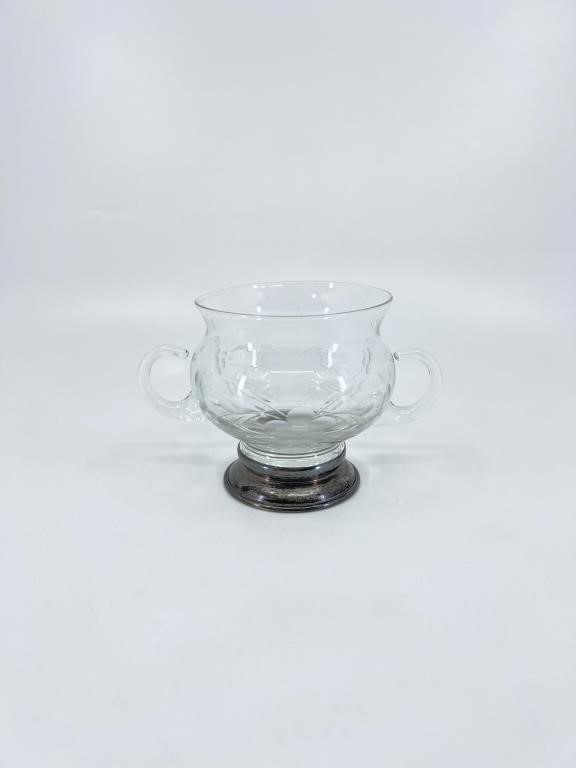 Etched Glass Sugar Bowl Sterling Base