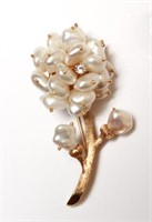 14K Gold Diamond & Freshwater Pearls Floral Brooch