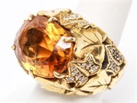 18K Yellow Gold Citrine & Diamonds Leaf Motif Ring