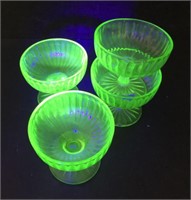 (4) Vintage Uranium Glass Beveled Optic Sherbet