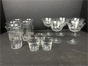 Etched stemware and drinking glasses, Fostoria,