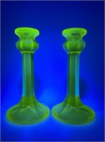 Uranium Vasoline Glass Candlestick Holder (2)