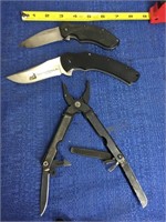 2 Kershaw pocket knives.  One Gerber multi-plier