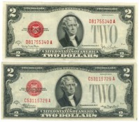 (2) 1928 $2 Red Seal Legal Tender U.S. Notes