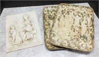 (2) TRAYS & FAUX MARBLE WALL HANGING