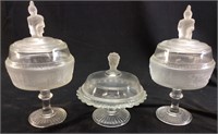 3 VTG. FROSTED GLASS CANDY DISHES WITH TOPS