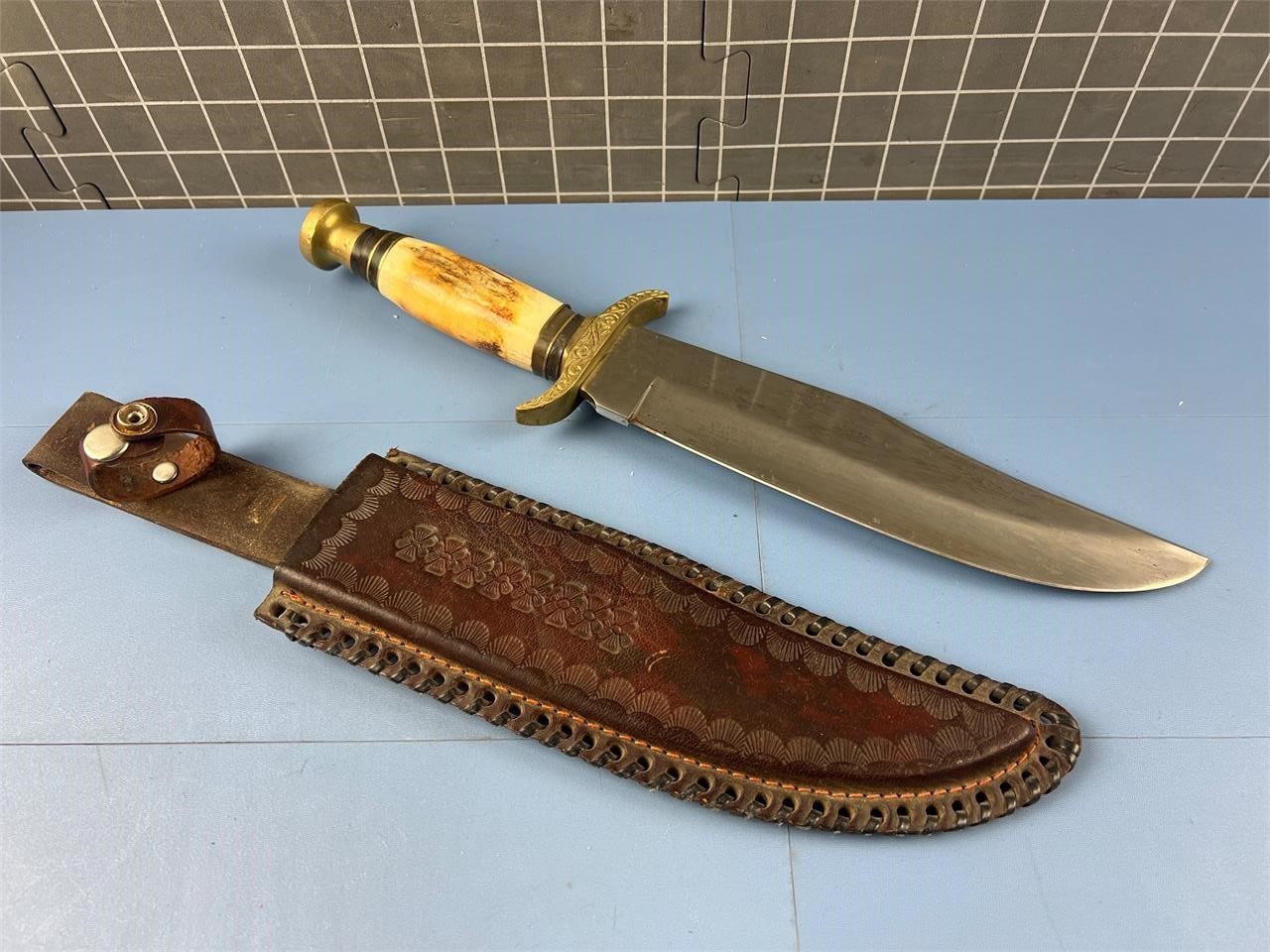 HUGE BONE HANDLE BOWIE KNIFE W/ LEATHER SHEATH