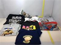 Assorted marvel and other character shirts