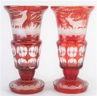 Pair of Bohemian Ruby Cut to Clear Stag Vases