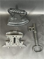 Cast Iron Vintage Iron, Flag Holder & Key