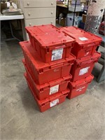 7 HEAVY DUTY TOTES W/ HINGED LIDS