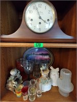Mantle clock, glassware and decorative items
